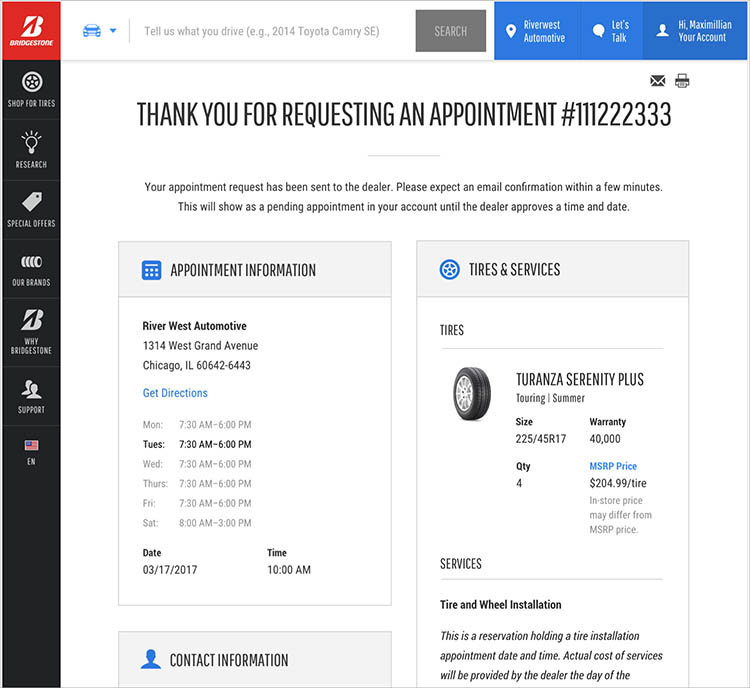 BridgestoneTire desktop appointment scheduling